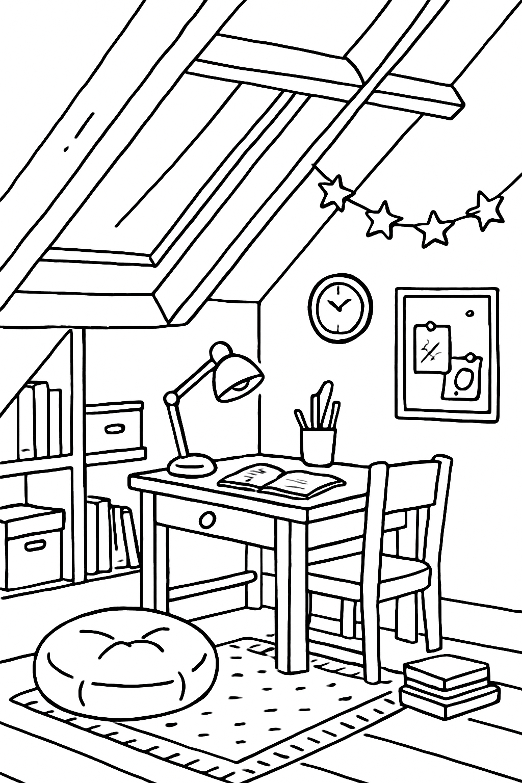 Cozy Attic Study Room Line Drawing for Coloring Book Pages