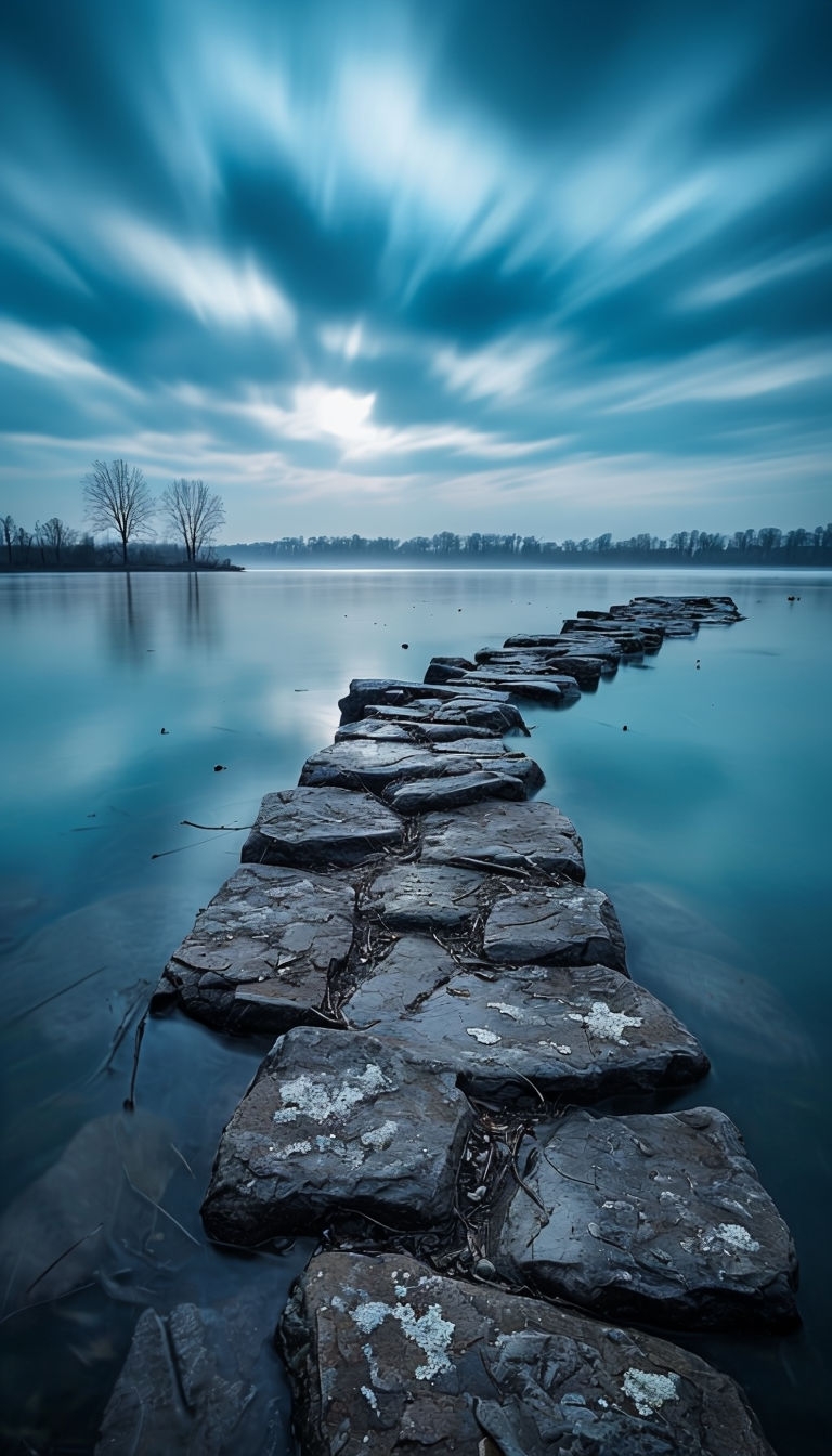 Tranquil Stone Pathway Reflection in Calm Water Mobile Wallpaper