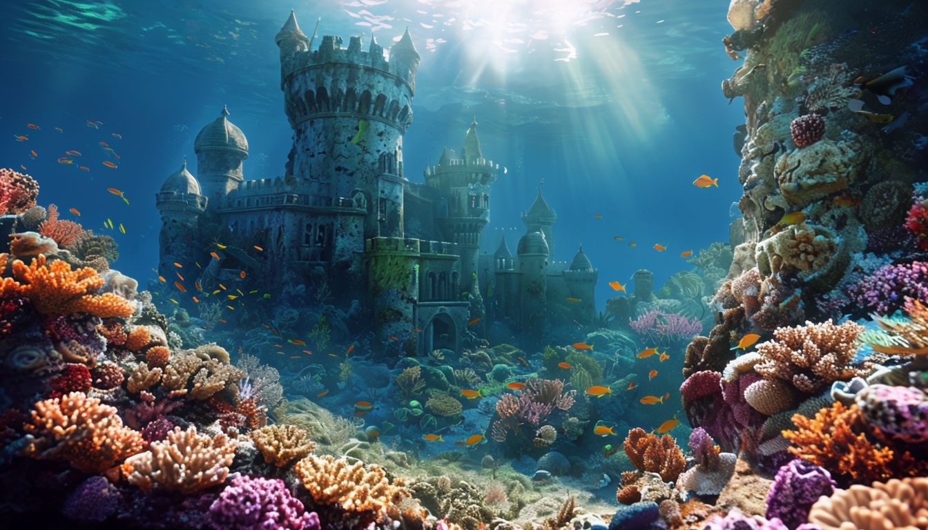 Vibrant Underwater Castle Scene with Coral Reefs Background