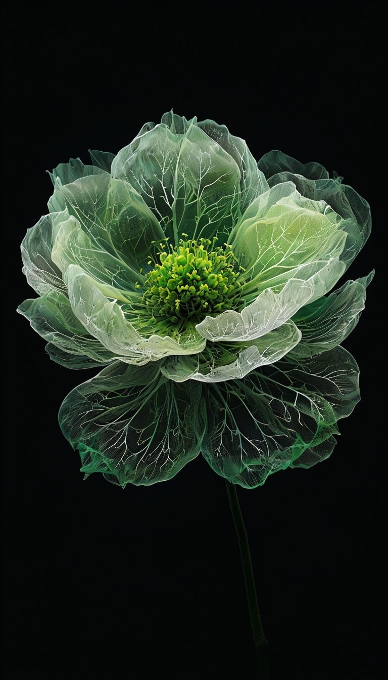 Intricate Green Flower on Black Background Digital Artwork Mobile Wallpaper