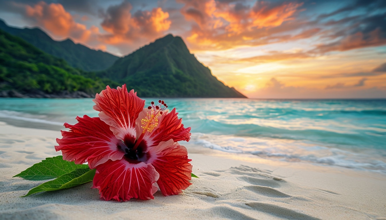 Serene Beach Sunset with Hibiscus Flower Virtual Background