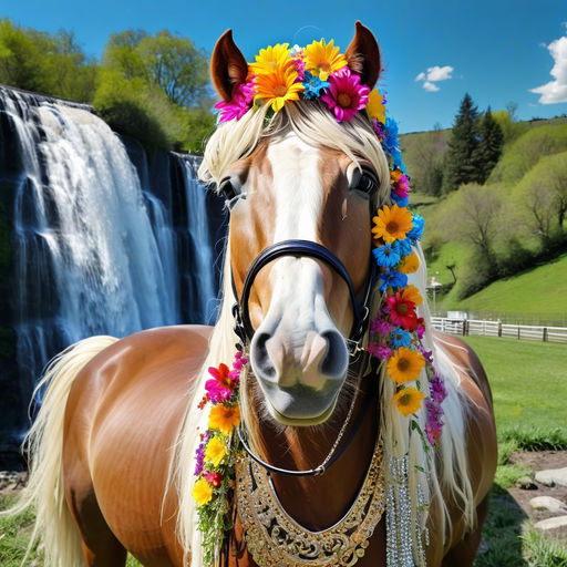 Smiling horse lots of flowers on head and mane lots of blin... by ...