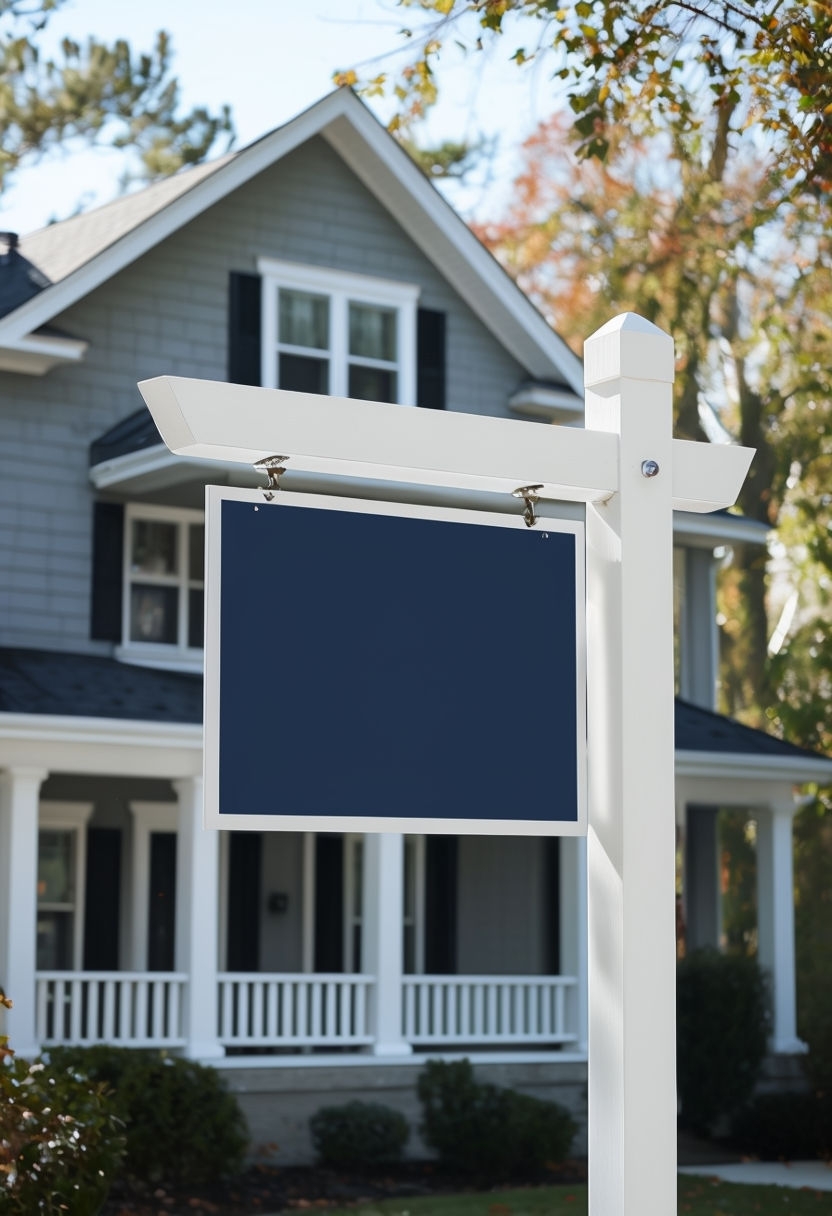 Navy Blue Real Estate Sign Mockup in Front of House Mockup