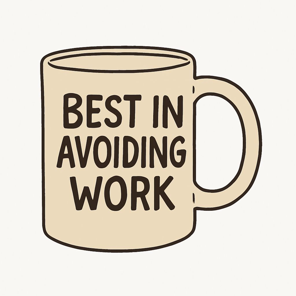 "Beige Ceramic Mug with Humorous 'Best in Avoiding Work' Sticker"