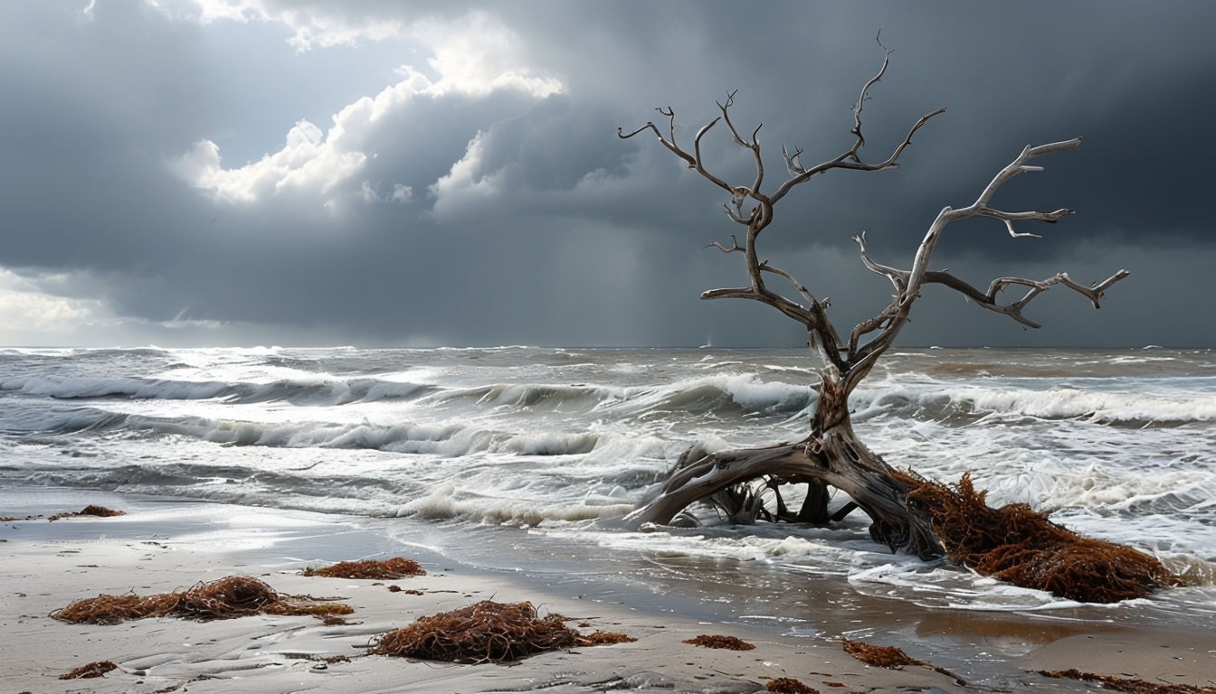 Dramatic Coastal Scene with Driftwood Under Overcast Sky Virtual Backgrounds
