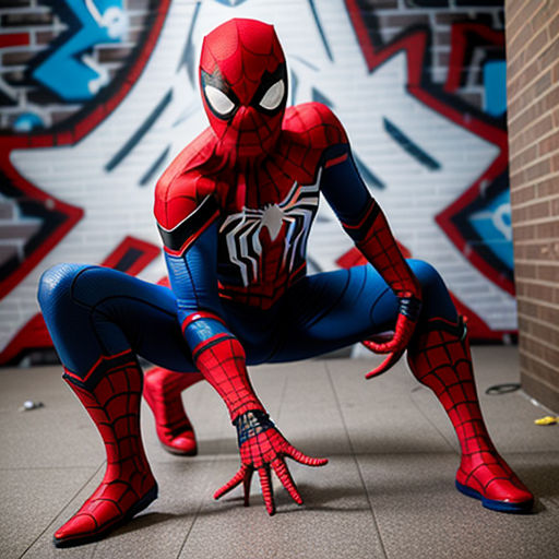 A striking photograph of a cosplayer dressed as SpiderMan by Insane