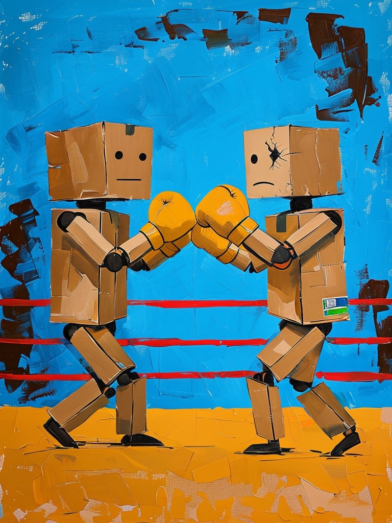 Whimsical Cardboard Box Figures Boxing Match Art Poster