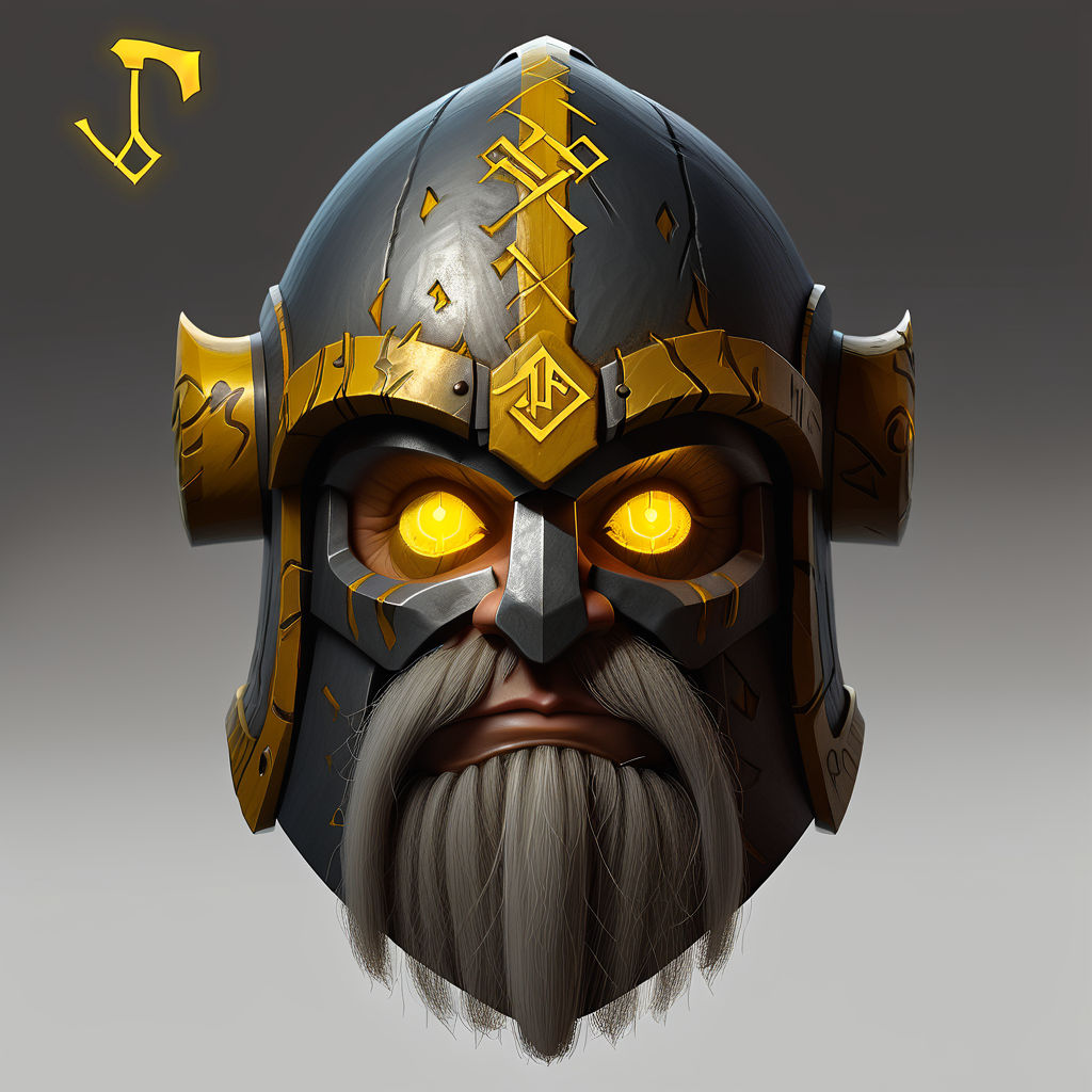 A closed dwarf helm with yellow glowing dwarf runes by Hubert ...