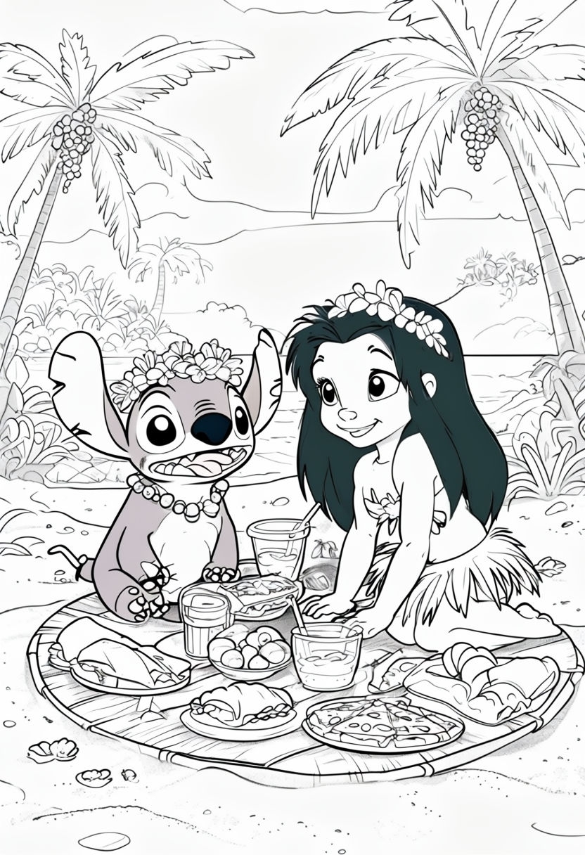 Lilo and Stitch Tropical Picnic Coloring Book Page