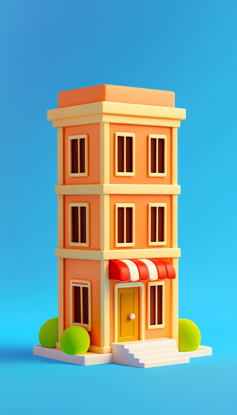 Colorful 3D Toy Building Illustration on Sky Blue Background Art