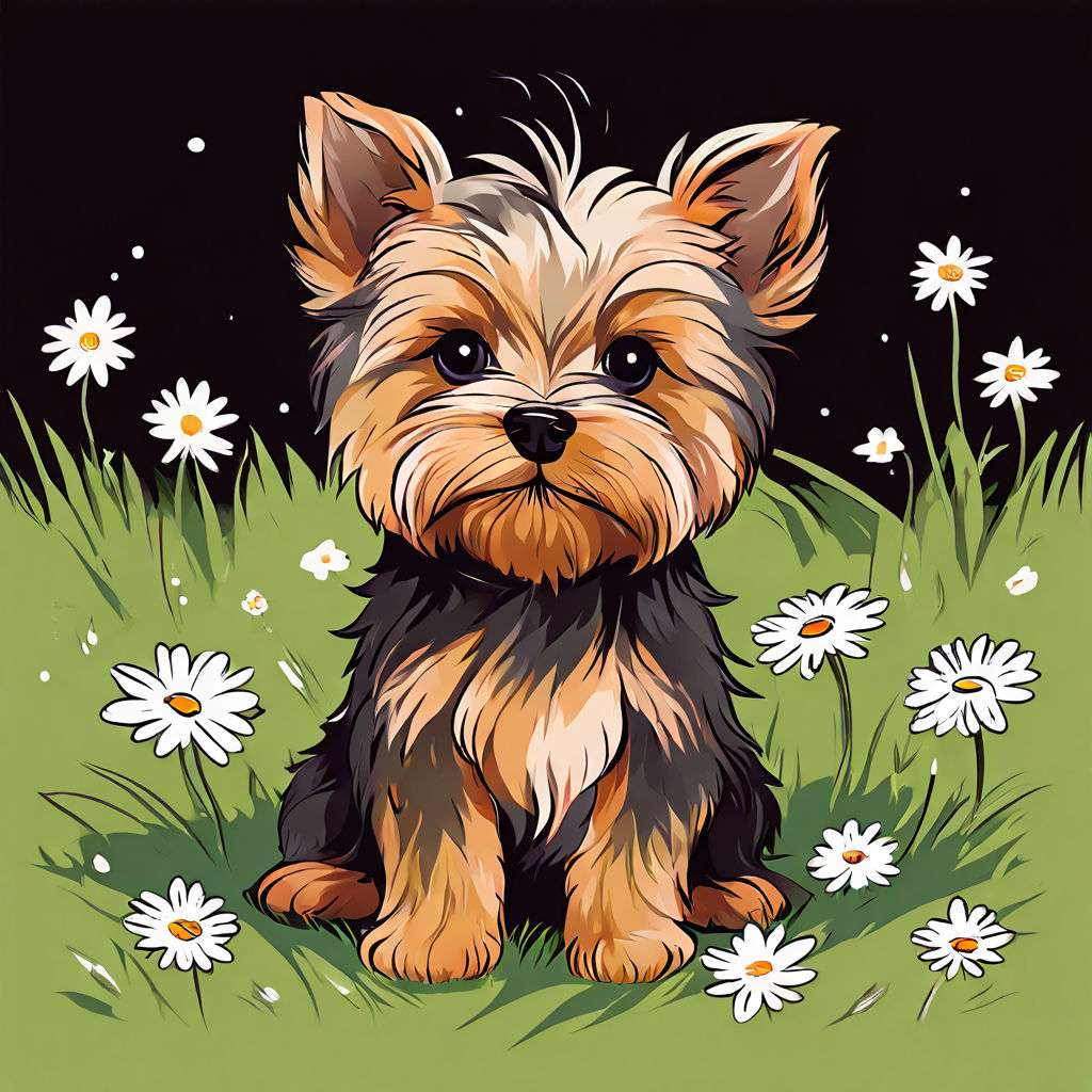 Yorkie puppy Pages sitting on a meadow surrounded by simplistic flowers, minimalist style with only outlines for a children's coloring book, featuring simple shapes, Tim Burton-esque line art, sleek and modern graphic vector illustration, dreamy and fantasy-like, 2D flat design, centered composition, sticker-ready, professional and minimalist line art, vector graphics, ultra fine.