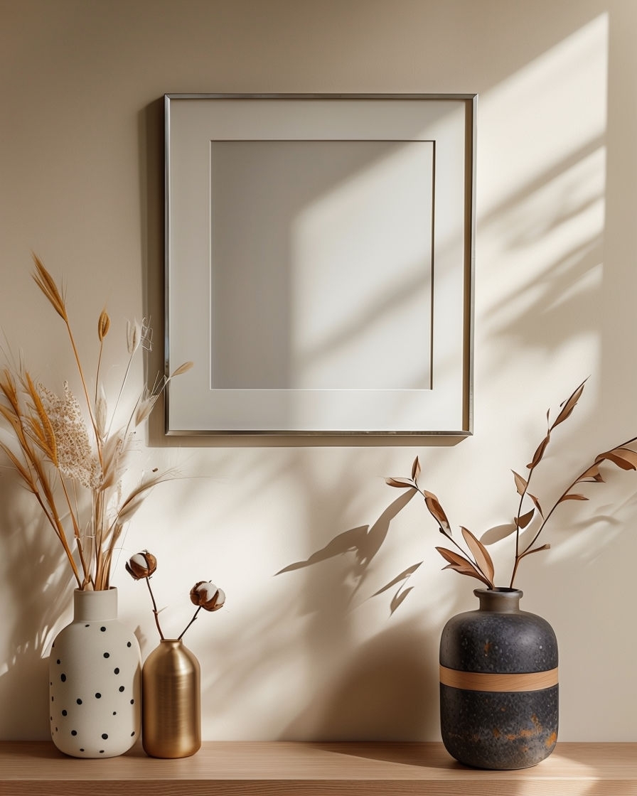 Minimalist Interior Design with Natural Light and Vases Mockup