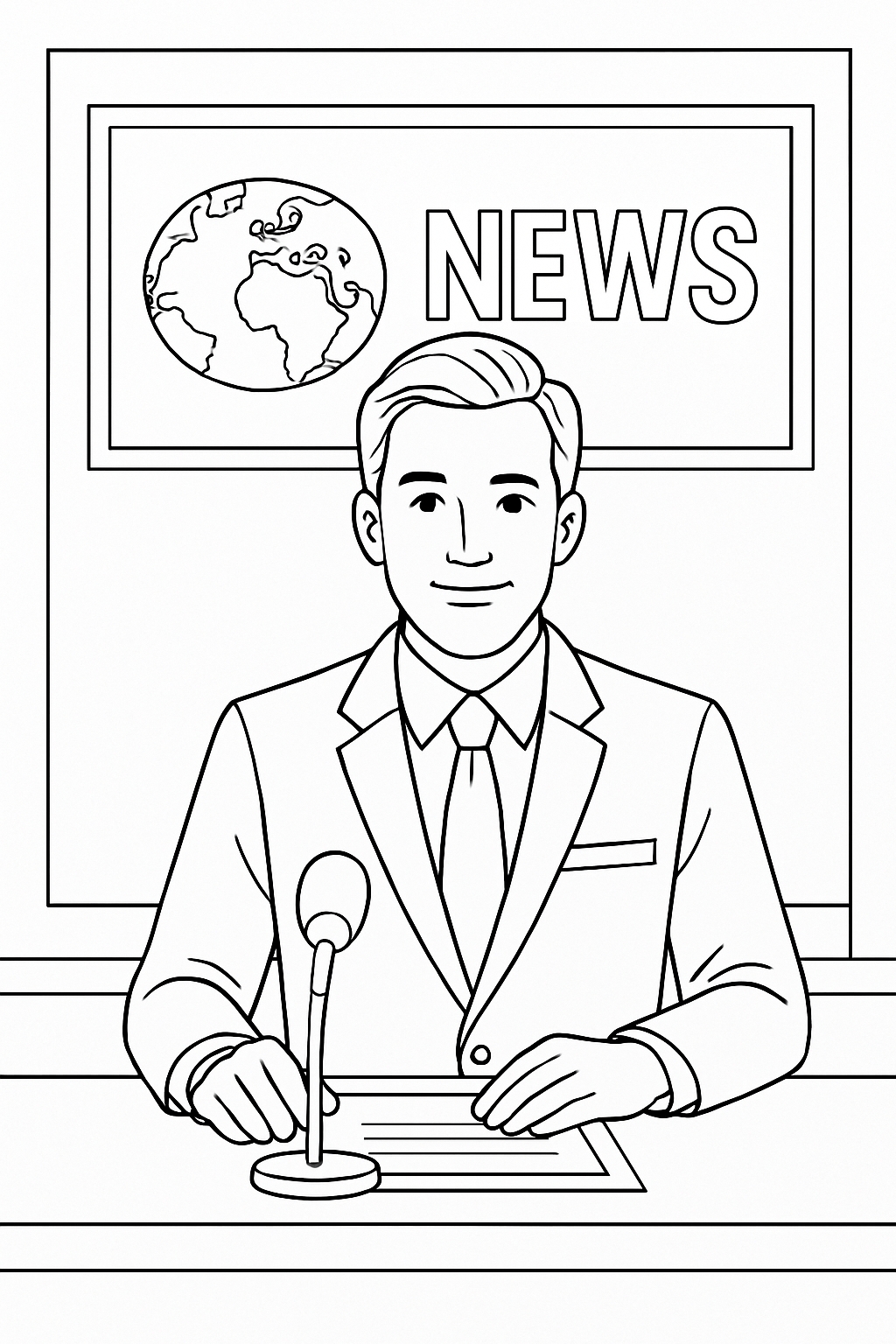 Professional News Reporter Line Drawing for Coloring Book Pages
