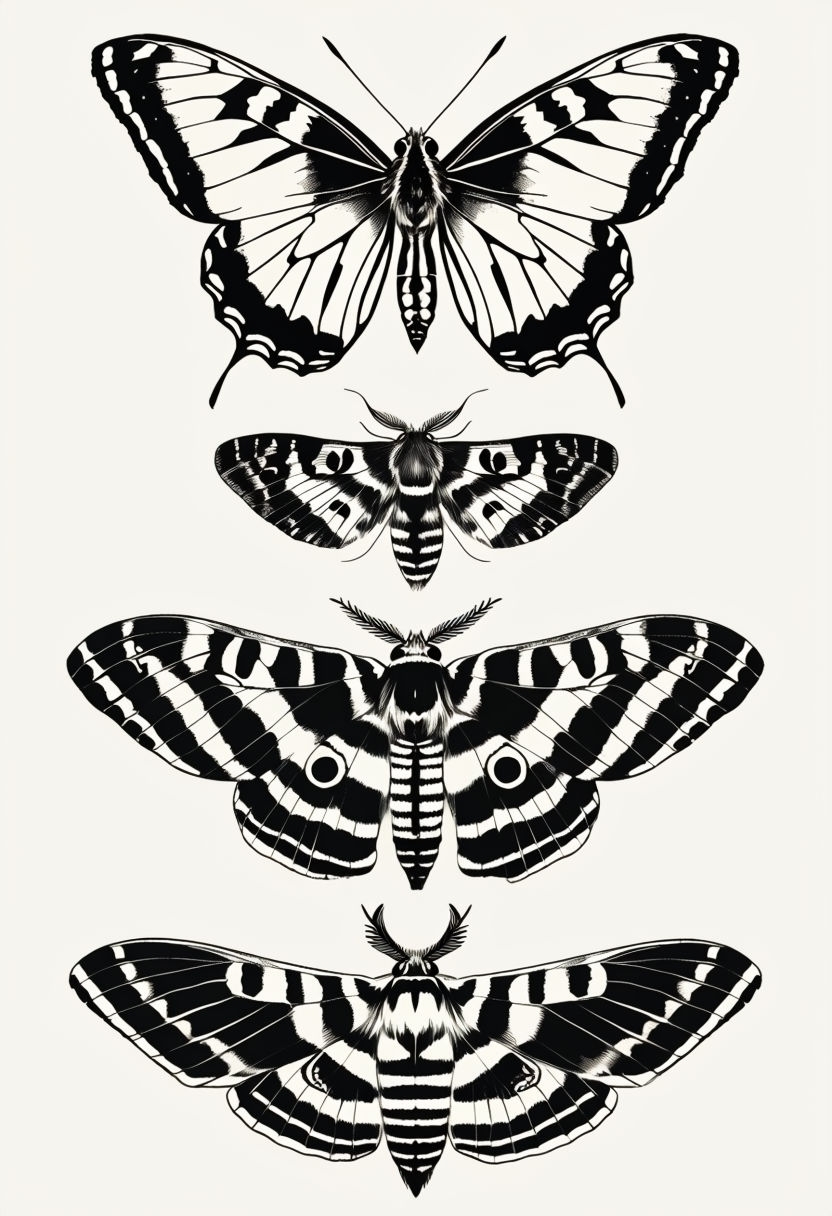 Intricate Black and White Insect Specimens Line Art Poster