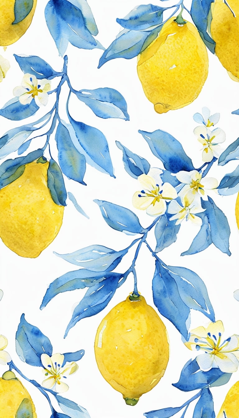 Bright Yellow Lemons and Blue Leaves Watercolor Mobile Wallpaper