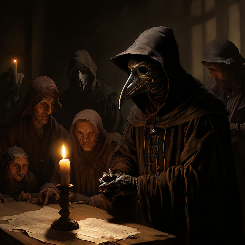 Plague doctor attending to a row of patients, mid 17th century scene, full beaked mask obscuring the face, cloak billowing, patients seated in eager anticipation, rough-hewn wooden table holding ancient medical tools, candlelight flickering, creating soft shadows, highly detailed, pen and ink, dramatic lighting