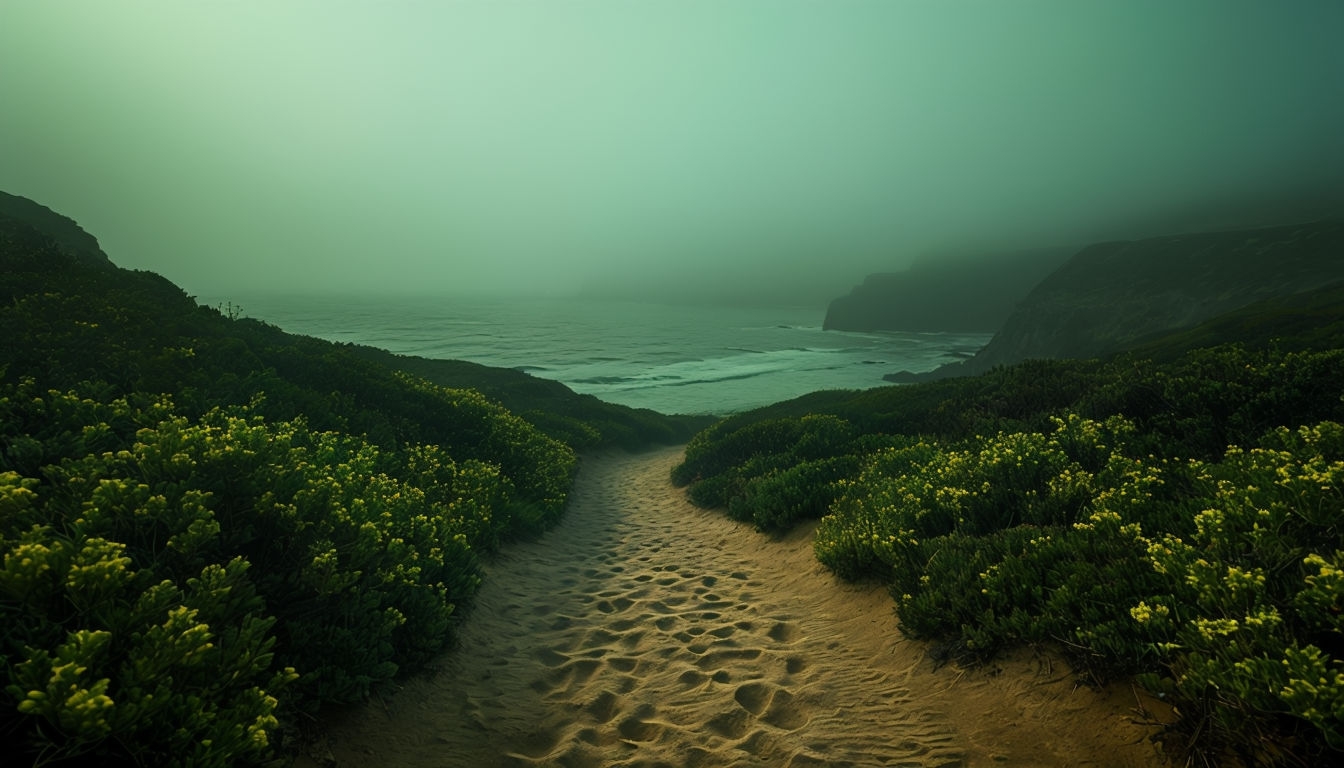 Misty Coastal Pathway Landscape for Tranquil Virtual Backgrounds
