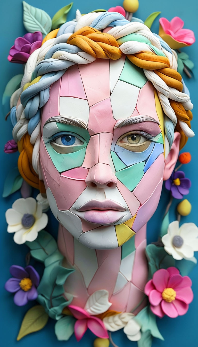 Colorful Abstract Geometric Portrait with Floral Elements Art