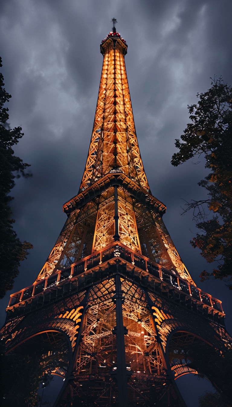 Dramatic Nighttime Eiffel Tower Photograph with Amber Lights Mobile Wallpaper