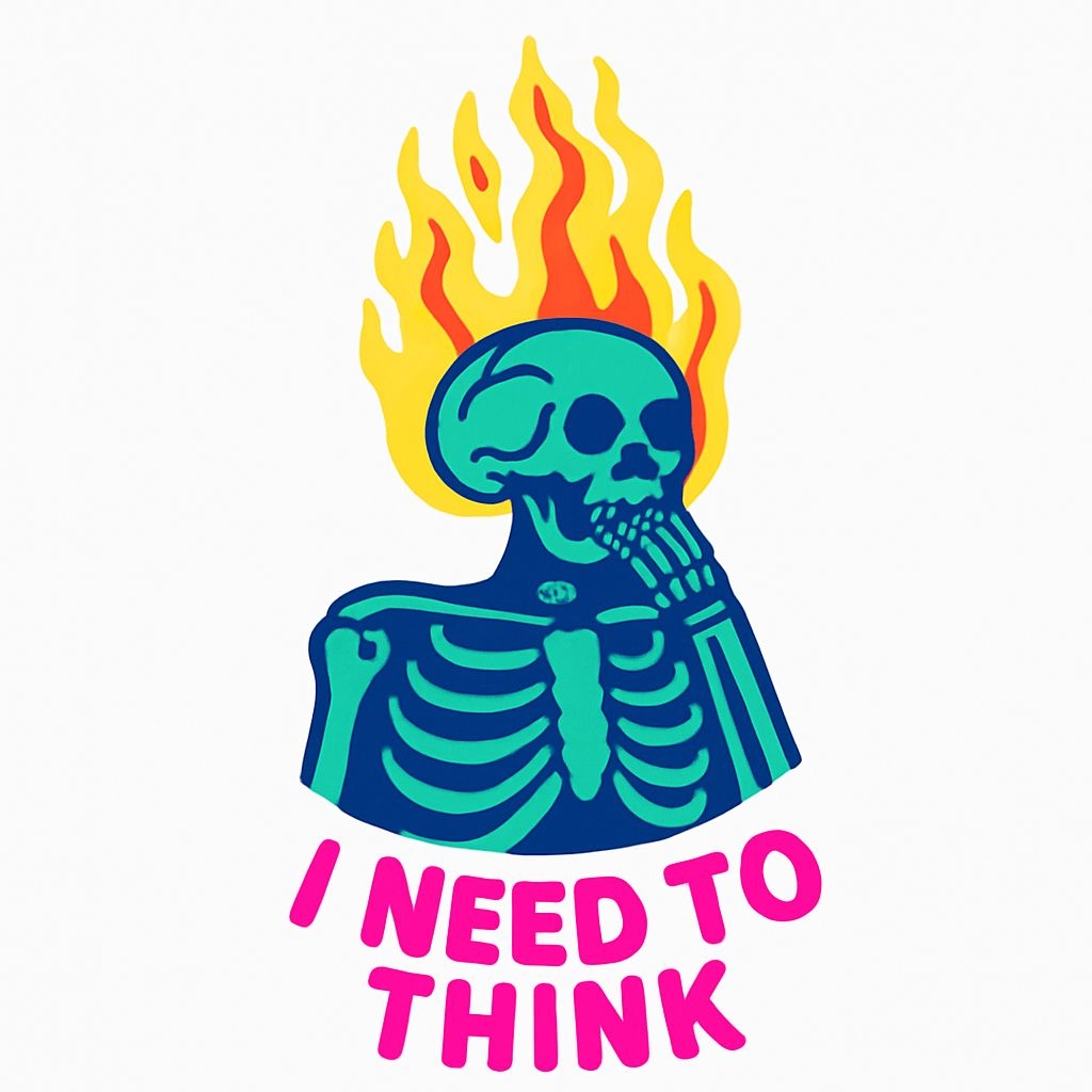 Vibrant Pop Art Skeleton with Flames and Thinking Pose Sticker