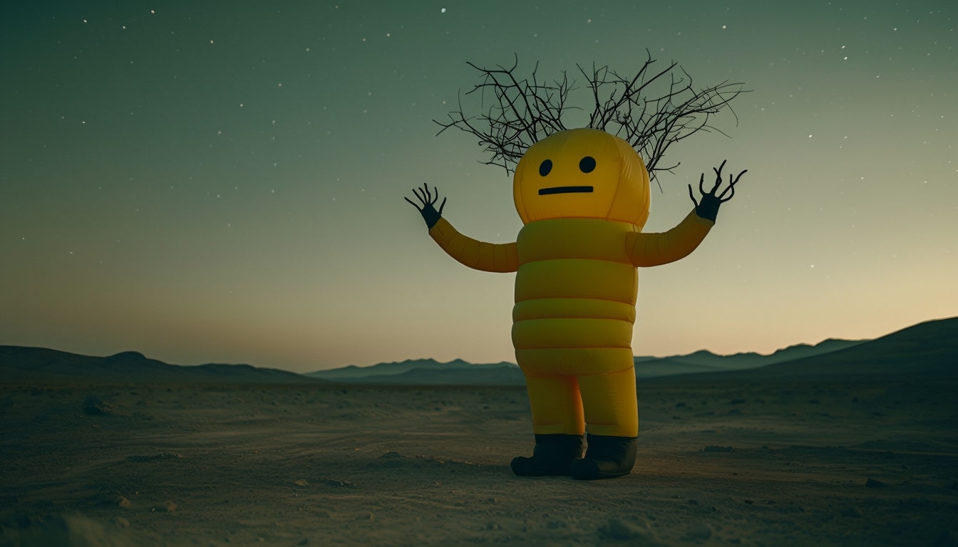 Surreal Yellow Inflatable Tube Character in Desert Backgrounds
