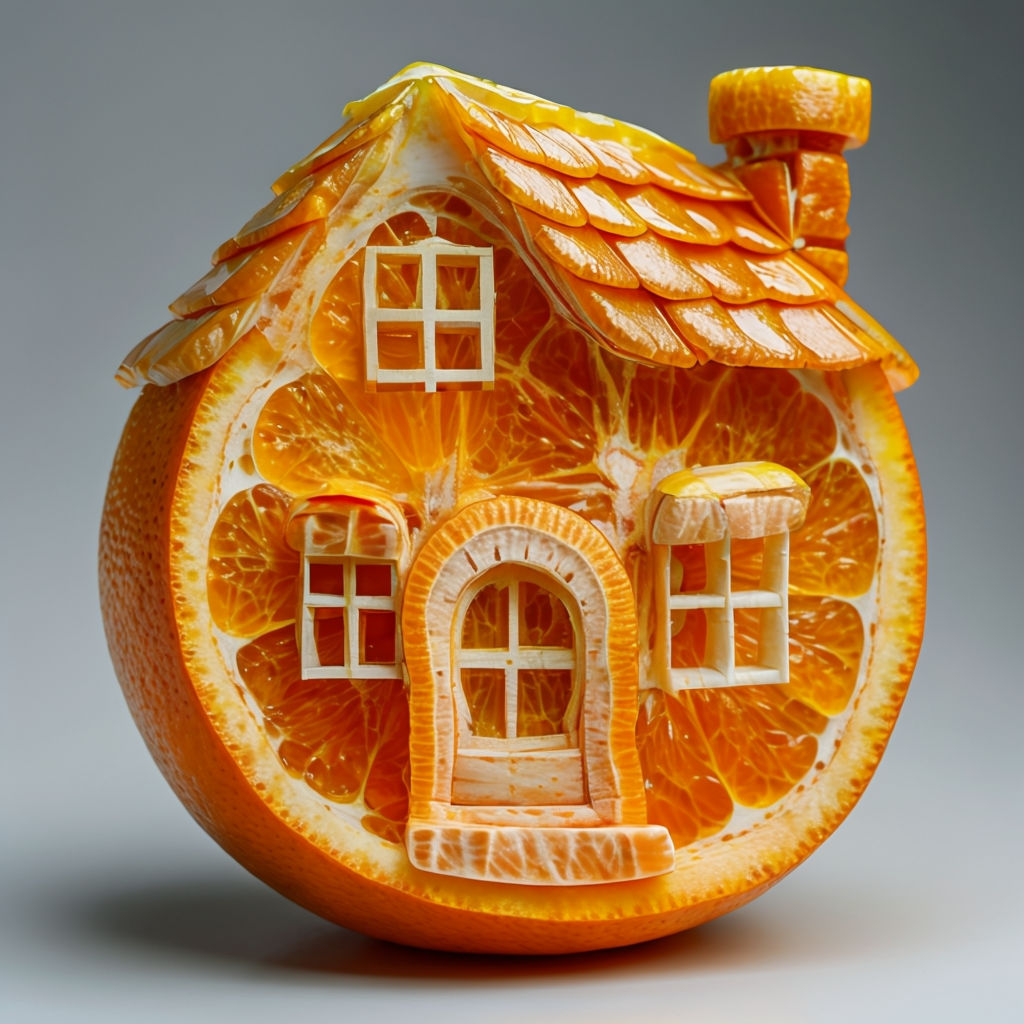 Whimsical Orange Fruit House Sculpture Art - Playground