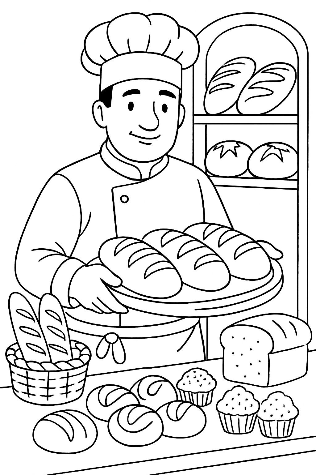 Cheerful Baker with French Baguettes Line Drawing for Coloring Book Pages