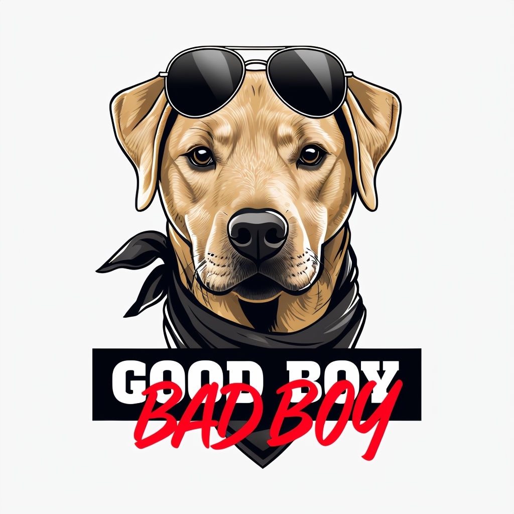 Playful Tan Dog with Sunglasses and Good Boy Bad Boy Banner Mug