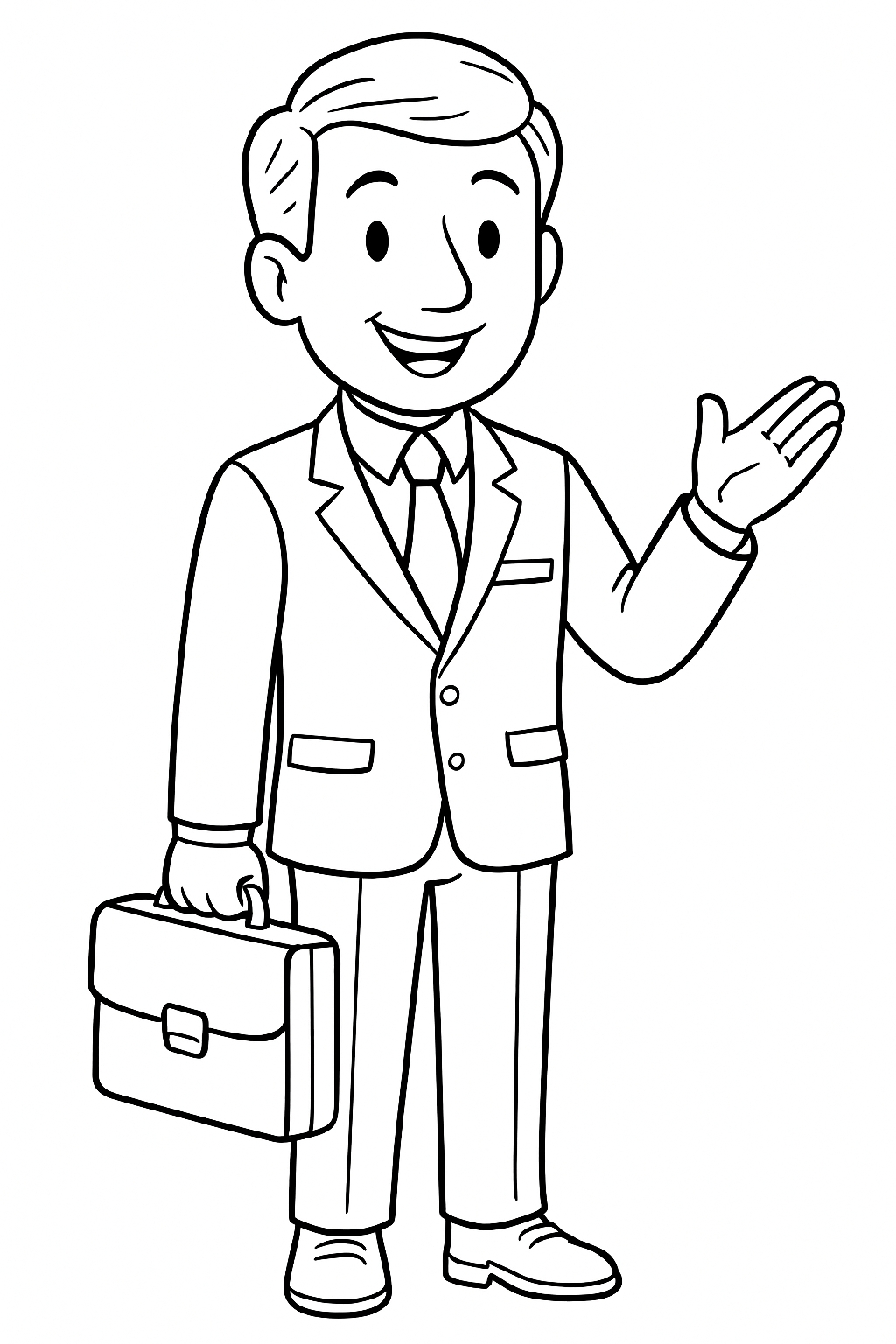 Cheerful Cartoon Character in Suit with Briefcase Line Art Coloring Book Pages