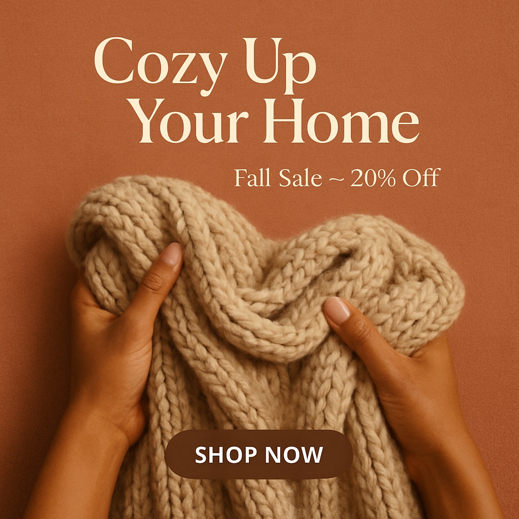 Cozy Knit Yarn Advertisement for Fall Sale with Hands Holding Fabric Ads