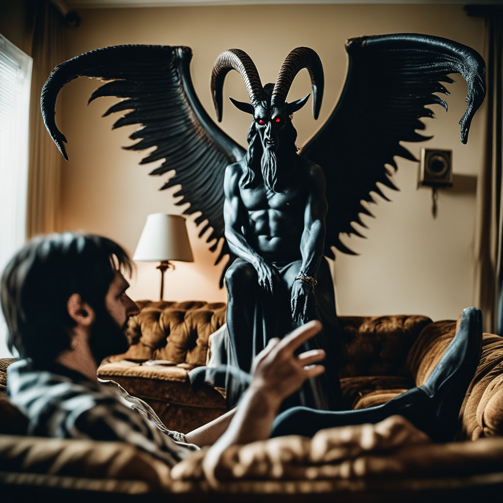 Portrait of the dark deity Baphomet with wings forcing a ter... by ...