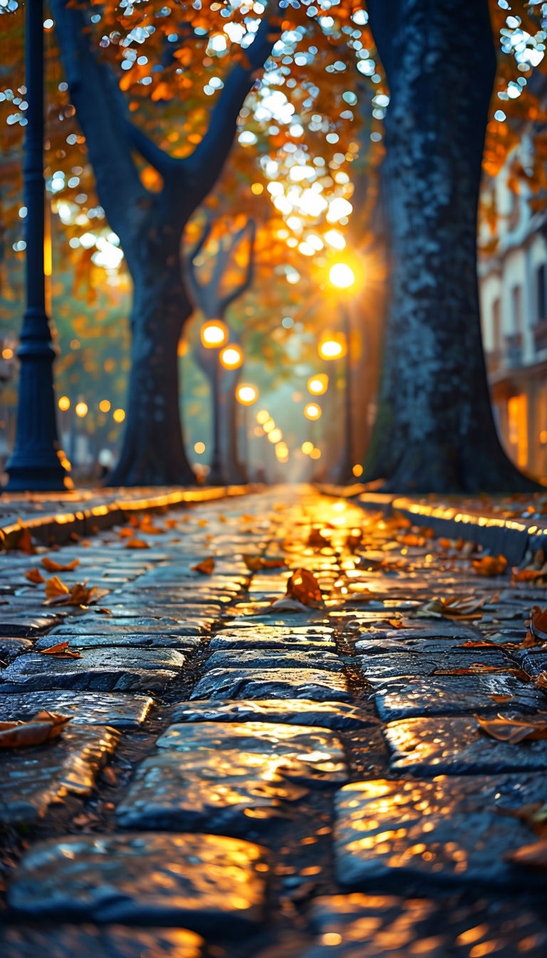 Serene Autumn Cobblestone Pathway Photograph at Golden Hour