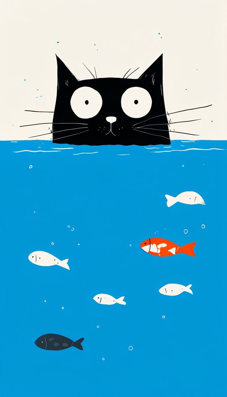 Playful Black Cat Floating Above Blue Water with Fish Mobile Wallpaper