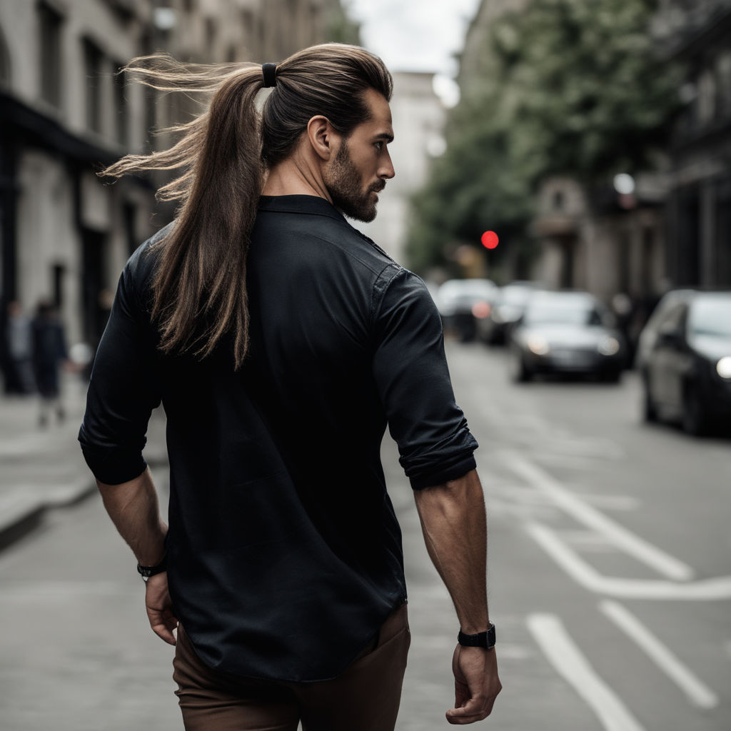 jock guy with long hair stands with his back