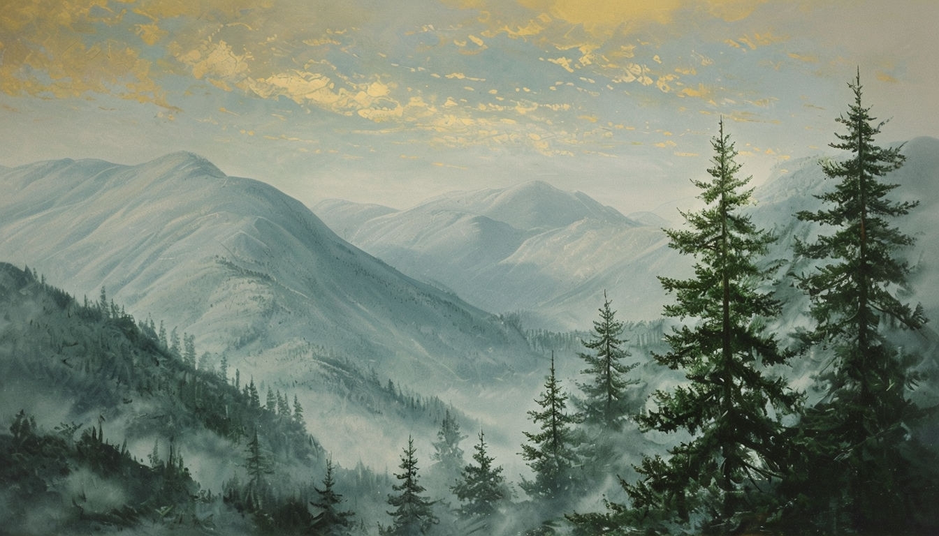 Tranquil Mountain Landscape Painting with Evergreen Trees Background