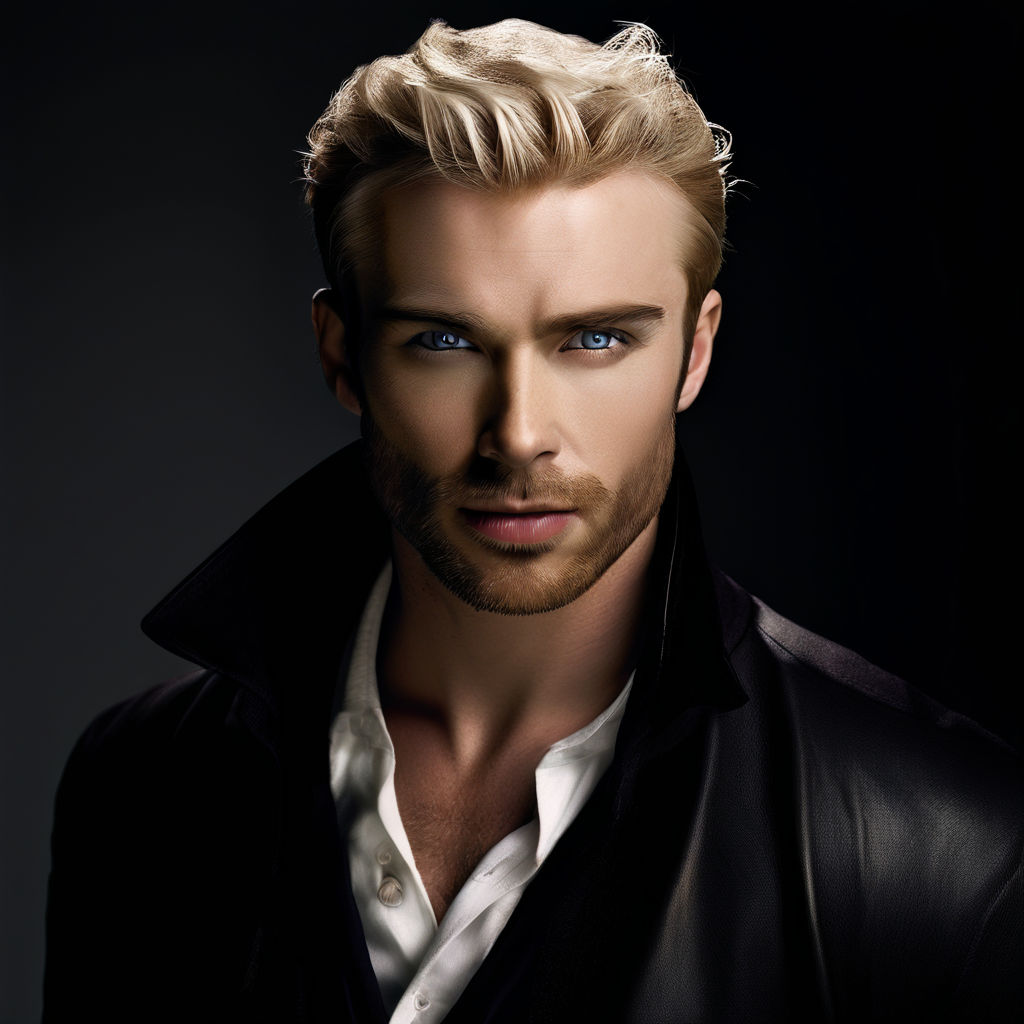 a hot blonde male with pale skin and blue eyes