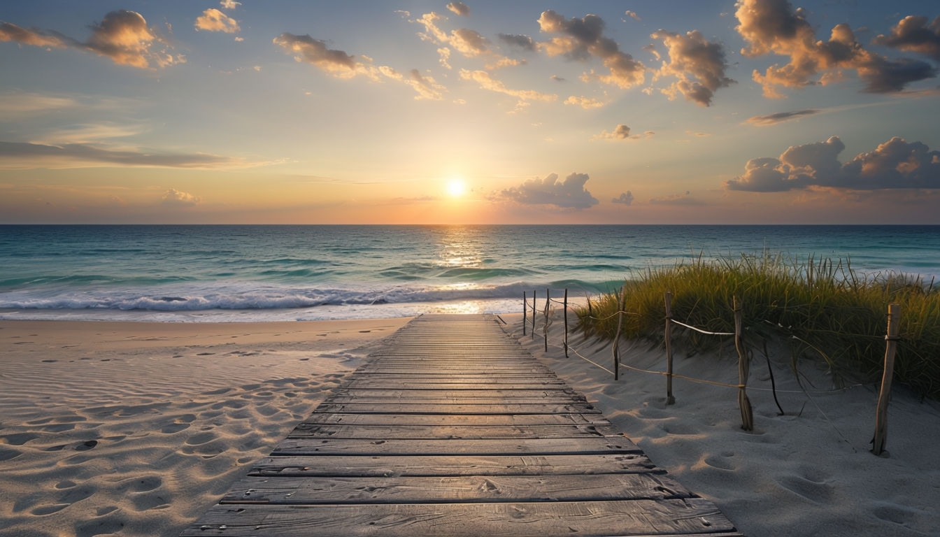 Tranquil Beach Sunset with Wooden Boardwalk Virtual Background