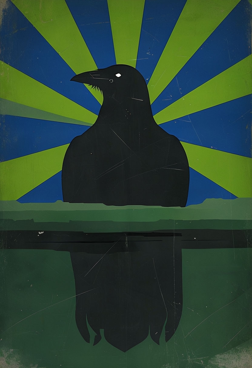 Stylized Raven with Electric Blue and Lime Green Sunburst T-Shirt