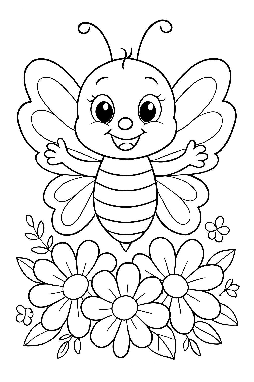 Cheerful Cartoon Butterfly and Flowers Coloring Page
