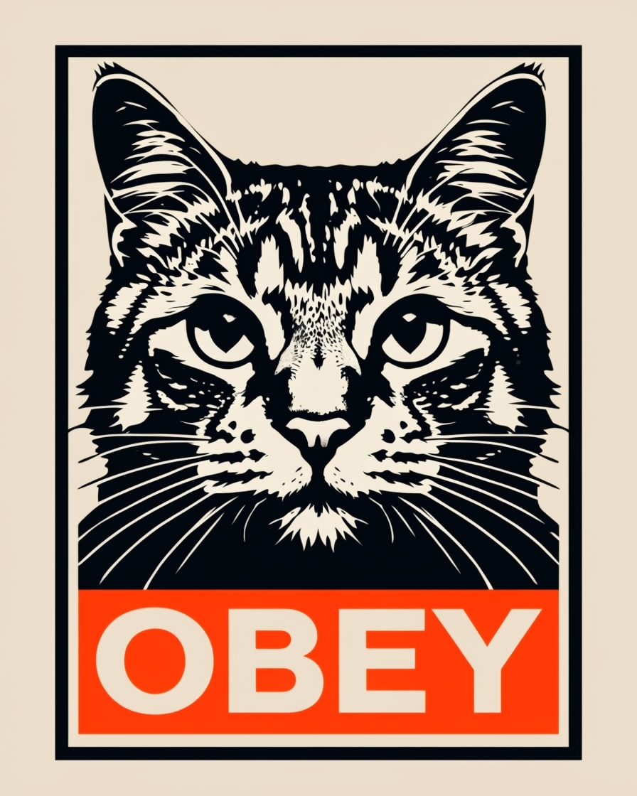 Bold Black and White Cat Face OBEY Street Art T-Shirt