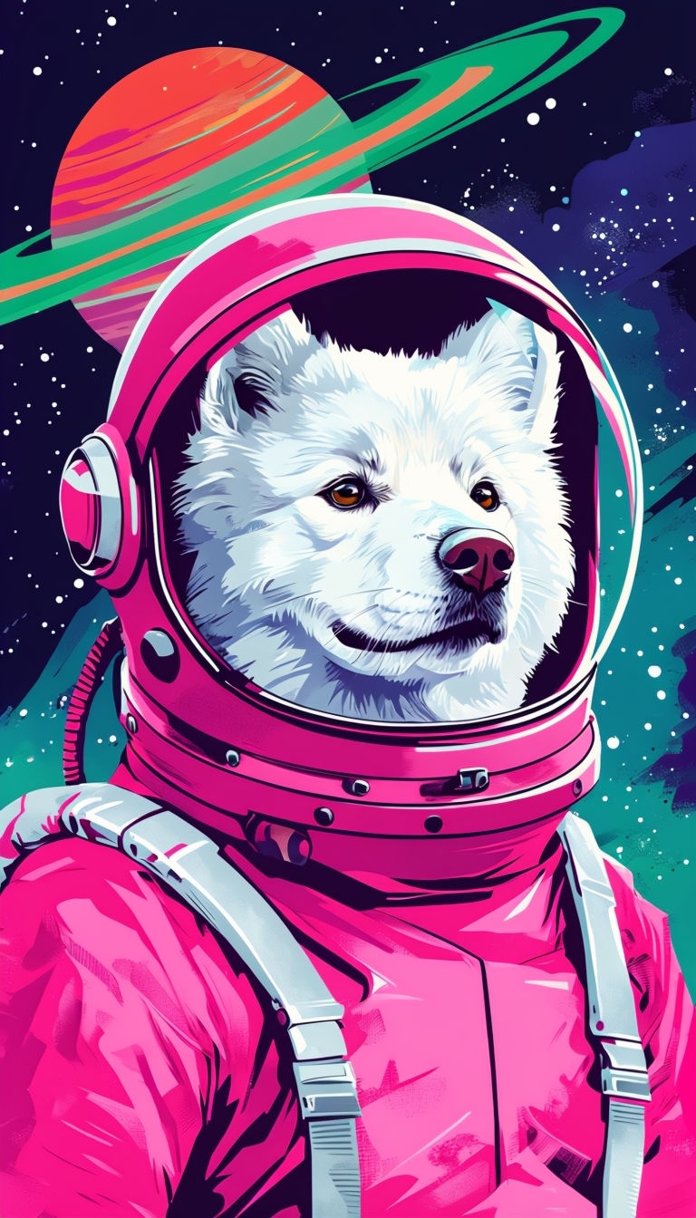 Charming Astronaut Dog in Vintage Cosmic Art Style Illustration Art