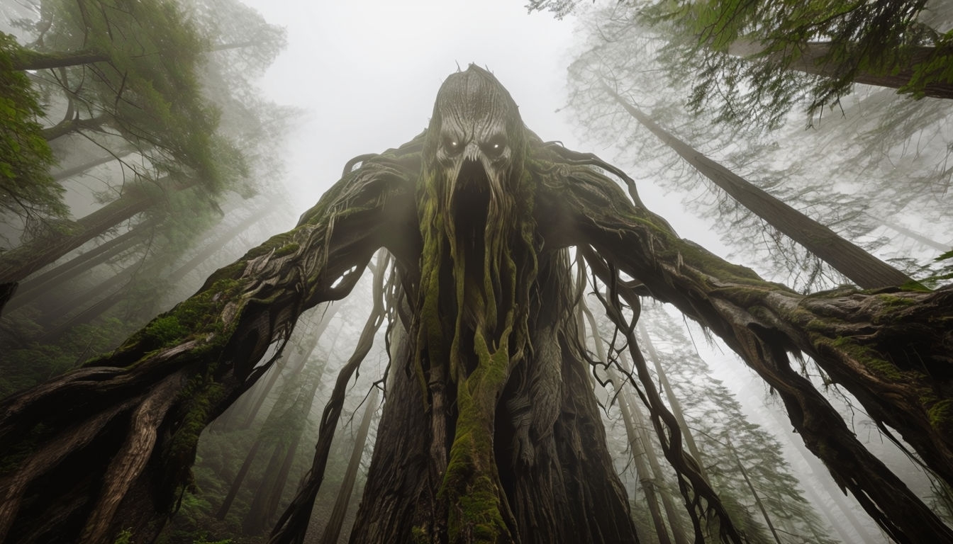 Misty Redwood Forest with Ancient Treant Photorealistic Background