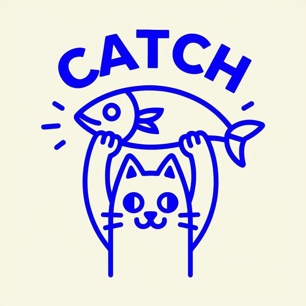 Playful Cat Catching Fish Minimalist Line Drawing T-Shirt