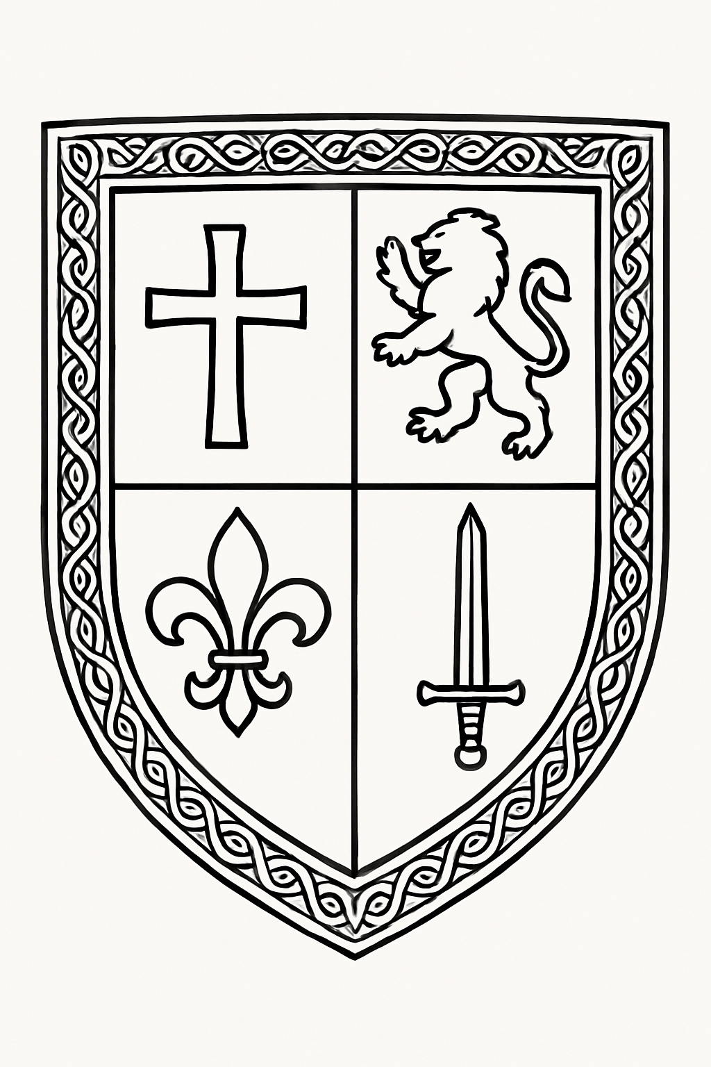 Elegant Black and White Coat of Arms Shield Illustration Coloring Book Pages