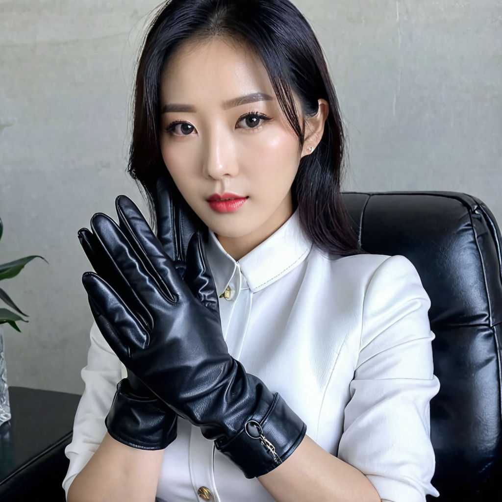 wearing very tight and delicate long black leather gloves