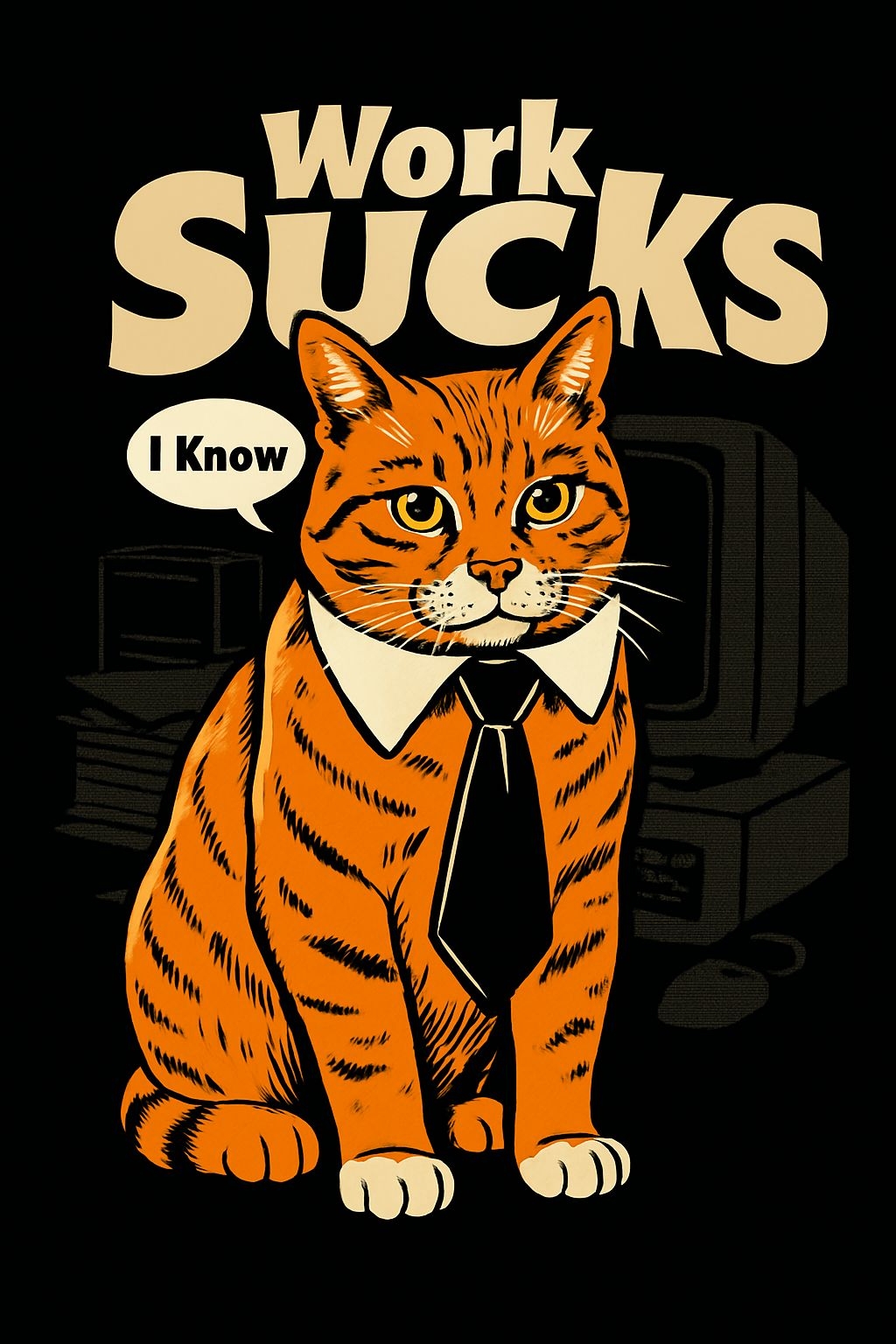 Humorous Vintage Cat Illustration with Work Sucks Quote Poster