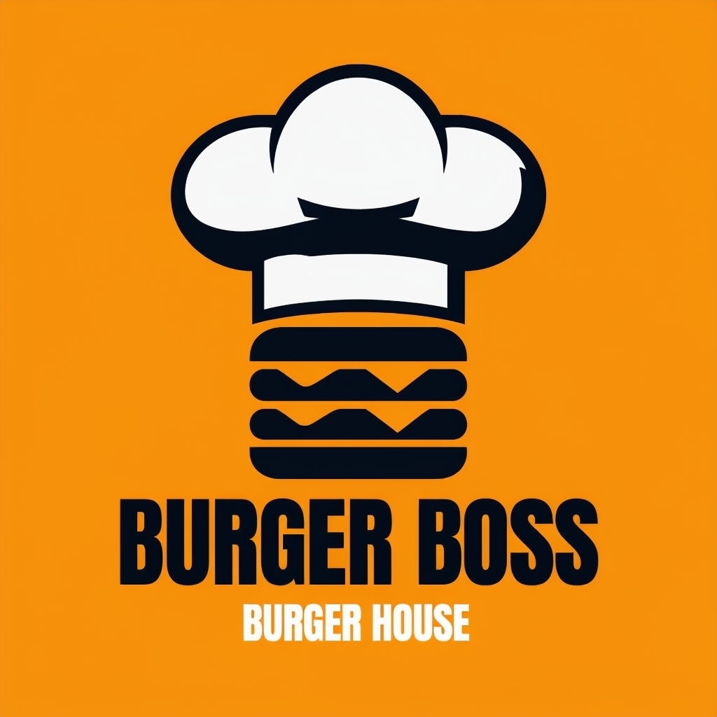 Minimalist Burger Boss Co. Logo with Chef Hat and Burger Silhouette