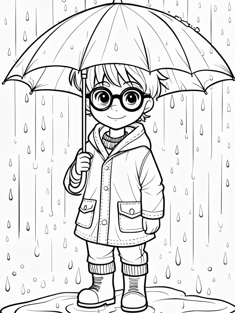 Whimsical Black and White Boy in Rain with Umbrella Coloring Book Pages