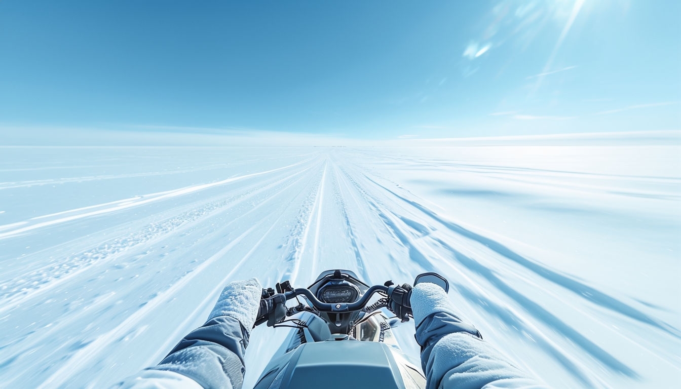 Snowmobile Adventure in Pristine Snowy Landscape Virtual Background