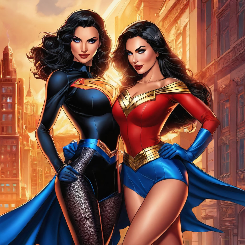 beautiful voluptuous Wonder Woman and a beautiful harley Quinn in skirts  and black fashionable pantyhose embracing in jungle. Wide cleavage. Posing.  Show face clearly. Close up. Accurate.